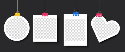 White cartoon polaroid photo frames in different shapes circle, rectangle, square and heart. Graphic templates with colorful paper clips. Vintage photo collage set. vector
