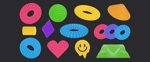 Techno futuristic shape wireframes in different shapes. Acid rave geometry elements for banner, poster, flyer, background. Cyberpunk tech colorful elements and grids. vector