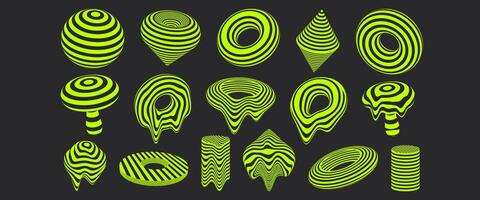 Y2K shapes and grids. Modern trendy 00s elements in neon green color. 3d ellipse, mushroom, oval, circle and other abstract shapes for poster, banner, flyer. Trendy psychedelic acid rave style. vector
