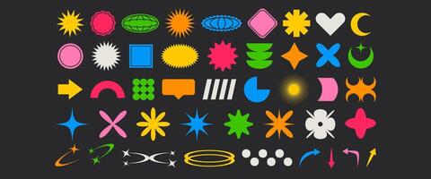Abstract colorful y2k shapes, basic brutal forms and figures. Retro vintage stickers, logos, labels. Creative design elements for posters, banner, flyers. vector