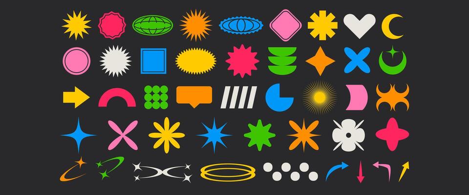 Abstract colorful y2k shapes, basic brutal forms and figures. Retro vintage stickers, logos, labels. Creative design elements for posters, banner, flyers.