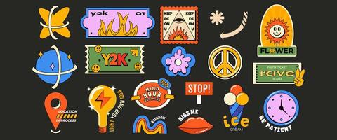 Bright trendy y2k sticker collection. Colorful label shapes with quote patch bundle. 90s funny comic elements. vector