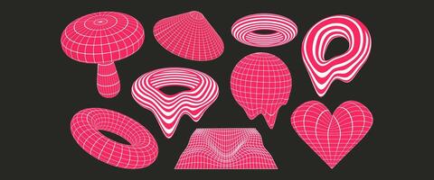 Brutal pink wireframe and grid elements in y2k style. Trendy cyberpunk tech shape forms. Design stickers for poster, banner and flyer. vector