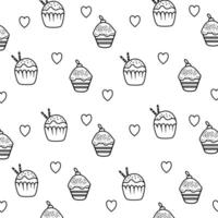 Beautiful cupcake pattern with heart accents, featuring charming line art of cupcakes and hearts, perfect for packaging, branding, or any sweet themed project vector