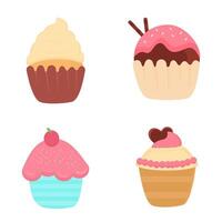 A beautiful set of four cupcakes with various toppings and colorful designs, topped with sweet cream, and charming decorations, perfect for dessert lovers vector
