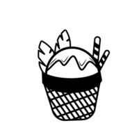 Line Art of Ice Cream in a Waffle Bowl with Cream, Cookies, and Decorative Leaves vector