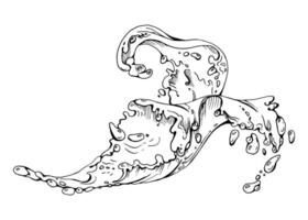 Water flow, splashes bubbles waves with dew drops, hand drawn in ink. Liquid pouring motion, flowing clear wet spray ripples. Illustration, single object isolated on white. Drink, dessert ads vector