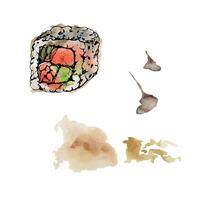 Traditional Japanese food, sushi rolls raw fish salmon unagi tuna sesame, stains drops, california philadelphia alaska hand drawn in watercolor and ink. Elements for restaurant, cafe menu, recipe book vector