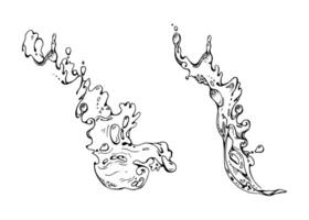 Splashes bubbles waves with dew drops, water flow. Liquid pouring motion, flowing clear wet spray ripples. illustration hand drawn in ink, single object isolated on white. Cooling beverages vector