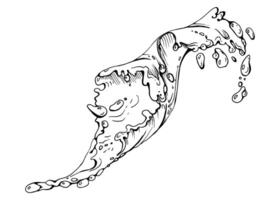 Water flow, splashes bubbles waves with dew drops. Liquid pouring motion, flowing clear wet spray ripples. illustration hand drawn in ink, single object isolated on white. Drink, dessert ads vector