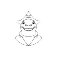 Shark wearing a pirate hat. Line art style icon on white background. vector