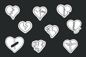 Set of stickers featuring a one line drawing of a broken heart symbol vector