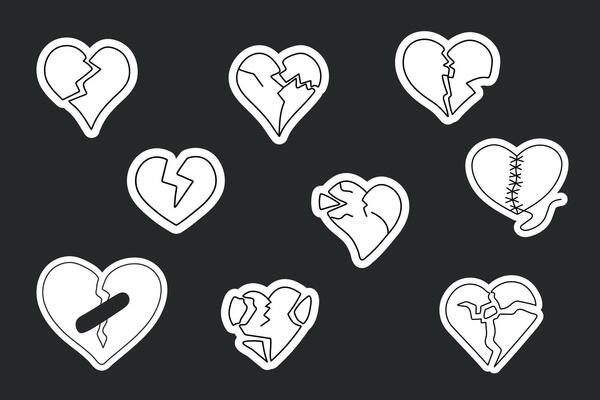Set of stickers featuring a one line drawing of a broken heart symbol