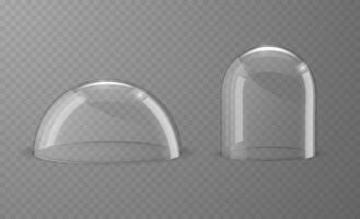 Glass domes of different spherical shapes and sizes in realistic 3d style. Exhibition showcase or laboratory instrument, dust cover. vector