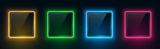 Set of neon square frames with glass. Glowing gradient borders, colorful night banners isolated on dark background. vector
