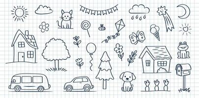 Cute doodle set of naive children's drawings. House, tree, cat, dog, etc. on the background of a notebook sheet. vector