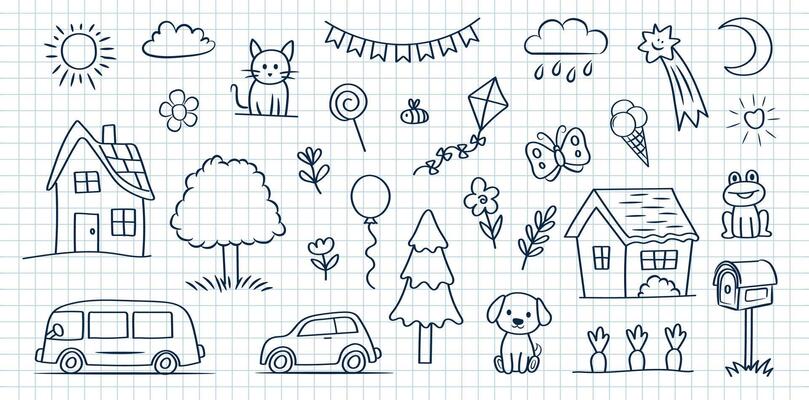 Cute doodle set of naive children's drawings. House, tree, cat, dog, etc. on the background of a notebook sheet.
