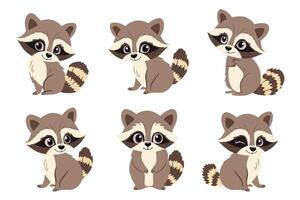 Cute raccoons in different poses. Set of illustrations in cartoon style on a white background. vector