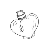 Magic Bottle heart shape, Glass flask with label and stoppers. illustration Alchemical elixirs, potions, liquids different. vector