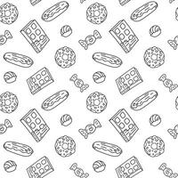 Sweets doodle Seamless pattern with chocolate, candies, eclairs, donuts. patterns endless. Black line sample pattern for wallpaper, fabric, packaging, background. vector