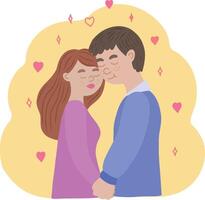 A couple in love hugs. The characters are in a romantic relationship. A date with a man who can be found on a dating site or in a mobile application. Cartoon illustration for Valentine's Day. vector