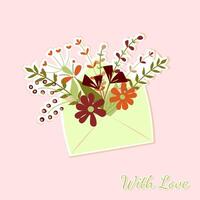Delicate envelope overflowing with vibrant flowers on a soft light pink background. Design or concept for invitation. vector