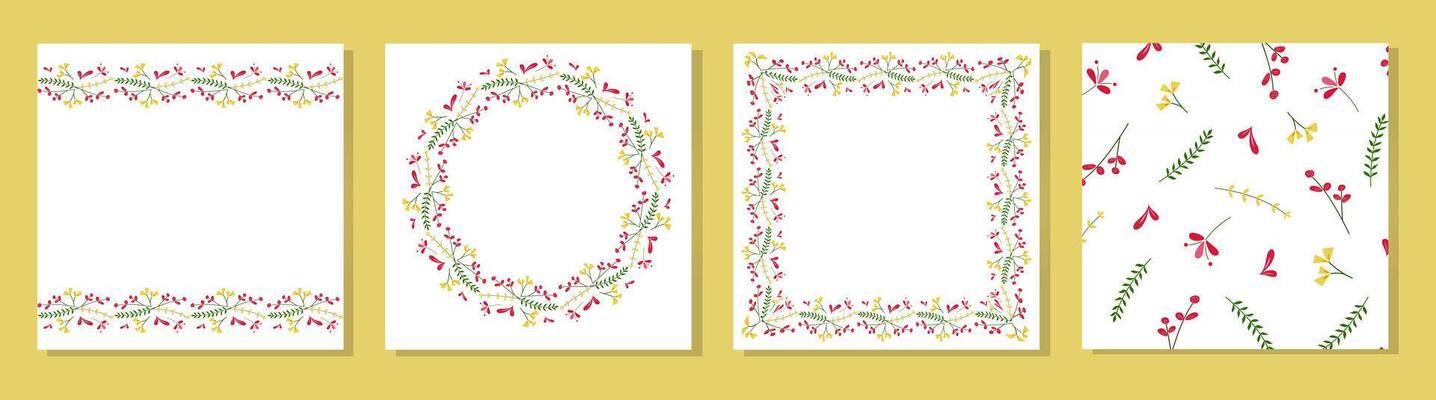 Set of postcards with beautiful delicate flowers. Round, rectangular floral frames, and seamless pattern. Templates for card, poster, flyer, banner, cover, background, label, and tag.