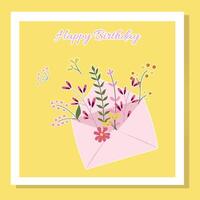 Happy birthday wishing card with an envelope filled with colorful flowers on a yellow background. vector