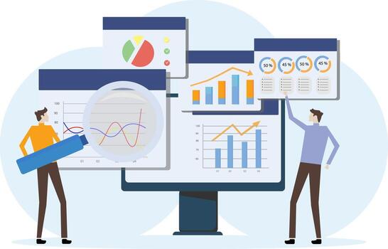 dos personas son mirando a gráficos en un computadora pantalla vector