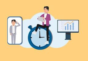 Productivity and efficiency in work or project deadline time management, the concept of top performing employees, smart and relaxed businessman sitting in front of the alarm clock vector