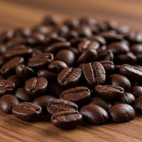 Coffee beans on a wooden table photo
