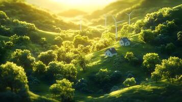 Green Hills with Houses and Wind Turbines - 3D Illustration photo