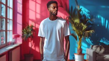 Man in White T-Shirt Standing in a Room with Colorful Walls, Illustration photo