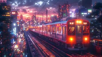 Train Passing Through City at Night - 3d Illustration photo