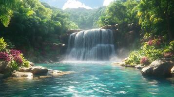 Tropical Waterfall, Lush Foliage and Tranquil Pool - 3D Illustration photo
