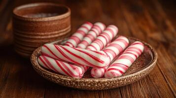 A delightful array of peppermint sticks sits on a crafted plate, inviting sweetness photo