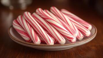 A vibrant collection of peppermint candy canes rests on an earthy plate, inviting joy photo