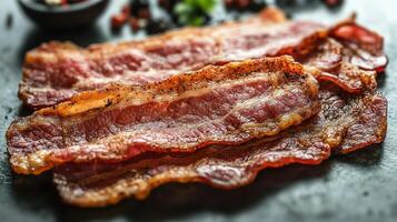 Deliciously crispy bacon strips arranged with garnishes ready to enjoy at breakfast photo