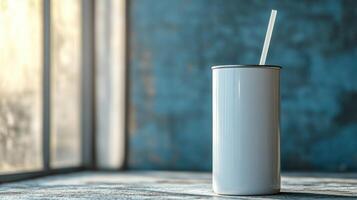 Sunlight highlights a white cup with a straw, resting on a textured surface by the window photo