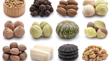 A collection of various spices and nuts arranged artistically on a minimalistic surface photo