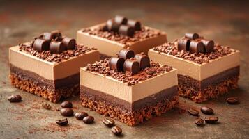 Four luxurious chocolate treats topped with cocoa and chocolate curls invite indulgence photo