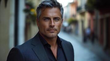 A stylish gentleman exudes charisma while posing in a scenic urban location photo