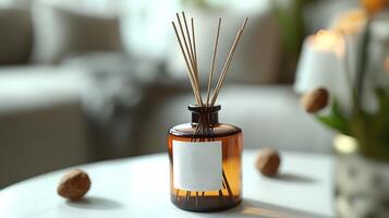 The cozy atmosphere features a chic reed diffuser enhancing relaxation photo