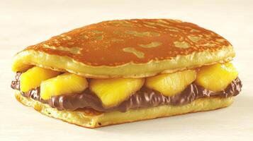 A delightful treat featuring golden pancakes layered with chocolate and juicy pineapple photo