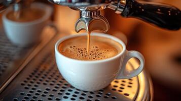 Rich espresso pours from the machine into a waiting white cup, creating a perfect crema photo