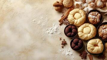 An inviting spread of various cookies and pastries surrounded by spices and flour photo