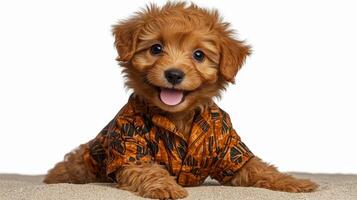 Adorable puppy dressed in a vibrant shirt lies on soft sand, radiating happiness and charm photo