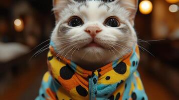 A cute cat wearing a vibrant, patterned outfit gazes playfully in a warm environment photo