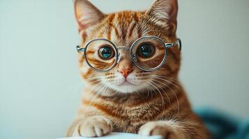 A delightful ginger cat with round glasses rests on a table, exuding charm and curiosity photo