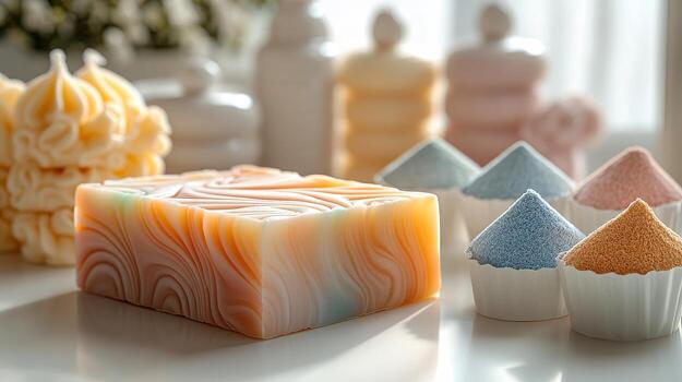 Delicate soap creations with intricate swirls rest beside colorful molds, evoking a sense of calm photo
